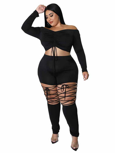 Dvojdielne sety pre plus veľkosti, dlhý rukáv, odhalené ramená, dámske nohavicové kostýmy, párty, sexi rave outfity, veľkoobchod, hromadná dropshippingová ponuka