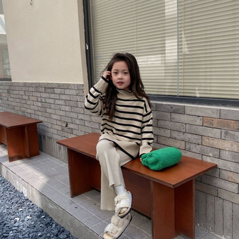 Есенно и зимно ново детско облекло Корейска версия Раирана качулка с висока яка Широки панталони за момичета Ежедневен семпъл костюмZB