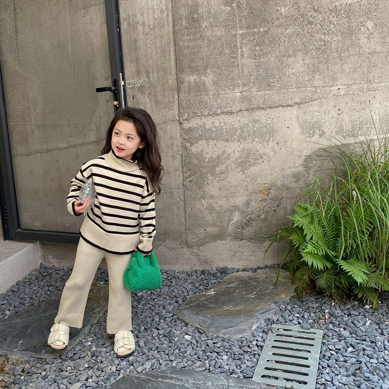 Φθινόπωρο και Χειμώνας Νέα Παιδικά Ενδύματα Κορεατικής Έκδοσης Ριγέ ψηλό γιακά Παντελόνι με φαρδύ πόδι για κορίτσια Casual απλό κοστούμιZB