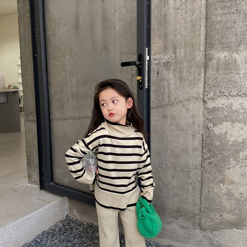 Φθινόπωρο και Χειμώνας Νέα Παιδικά Ενδύματα Κορεατικής Έκδοσης Ριγέ ψηλό γιακά Παντελόνι με φαρδύ πόδι για κορίτσια Casual απλό κοστούμιZB