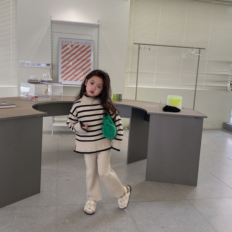 Φθινόπωρο και Χειμώνας Νέα Παιδικά Ενδύματα Κορεατικής Έκδοσης Ριγέ ψηλό γιακά Παντελόνι με φαρδύ πόδι για κορίτσια Casual απλό κοστούμιZB