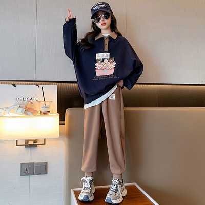 Άνοιξη φθινόπωρο για κορίτσια με αντίθεση κινουμένων σχεδίων ντους Preppy φούτερ + Φούτερ σχολική παιδική φόρμα Παιδική φόρμα Jogger 5-16 ετών