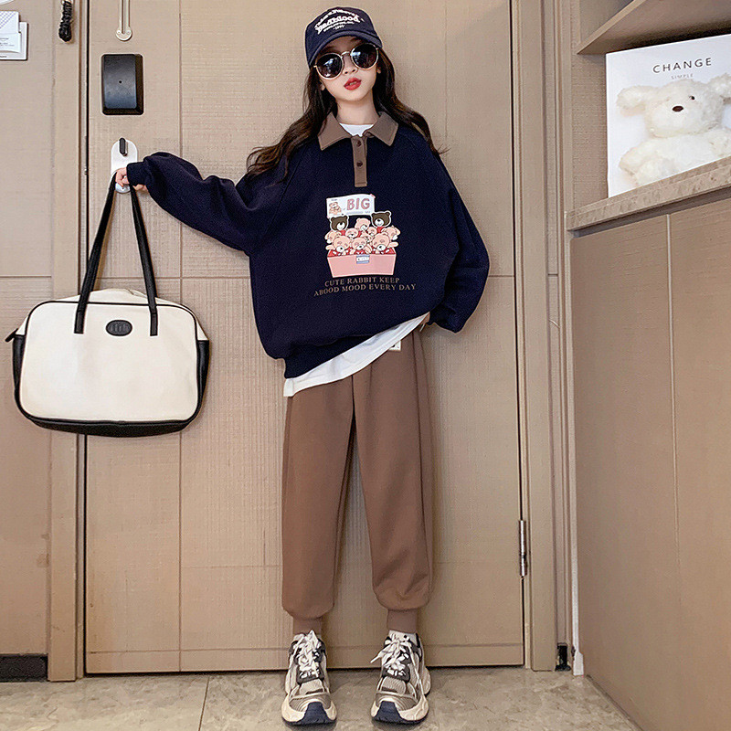 Άνοιξη φθινόπωρο για κορίτσια με αντίθεση κινουμένων σχεδίων ντους Preppy φούτερ + Φούτερ σχολική παιδική φόρμα Παιδική φόρμα Jogger 5-16 ετών