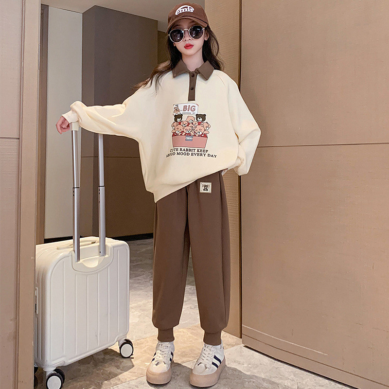 Άνοιξη φθινόπωρο για κορίτσια με αντίθεση κινουμένων σχεδίων ντους Preppy φούτερ + Φούτερ σχολική παιδική φόρμα Παιδική φόρμα Jogger 5-16 ετών