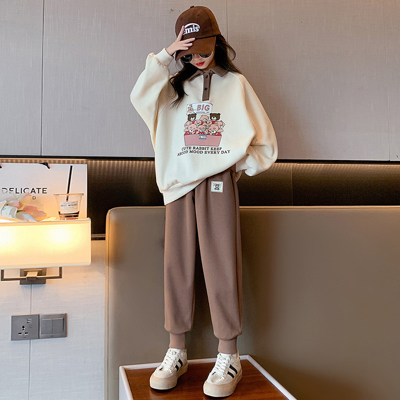 Άνοιξη φθινόπωρο για κορίτσια με αντίθεση κινουμένων σχεδίων ντους Preppy φούτερ + Φούτερ σχολική παιδική φόρμα Παιδική φόρμα Jogger 5-16 ετών