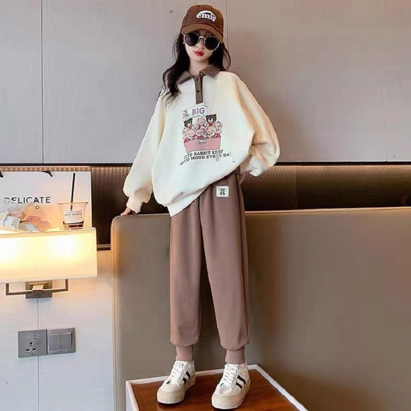 Άνοιξη φθινόπωρο για κορίτσια με αντίθεση κινουμένων σχεδίων ντους Preppy φούτερ + Φούτερ σχολική παιδική φόρμα Παιδική φόρμα Jogger 5-16 ετών