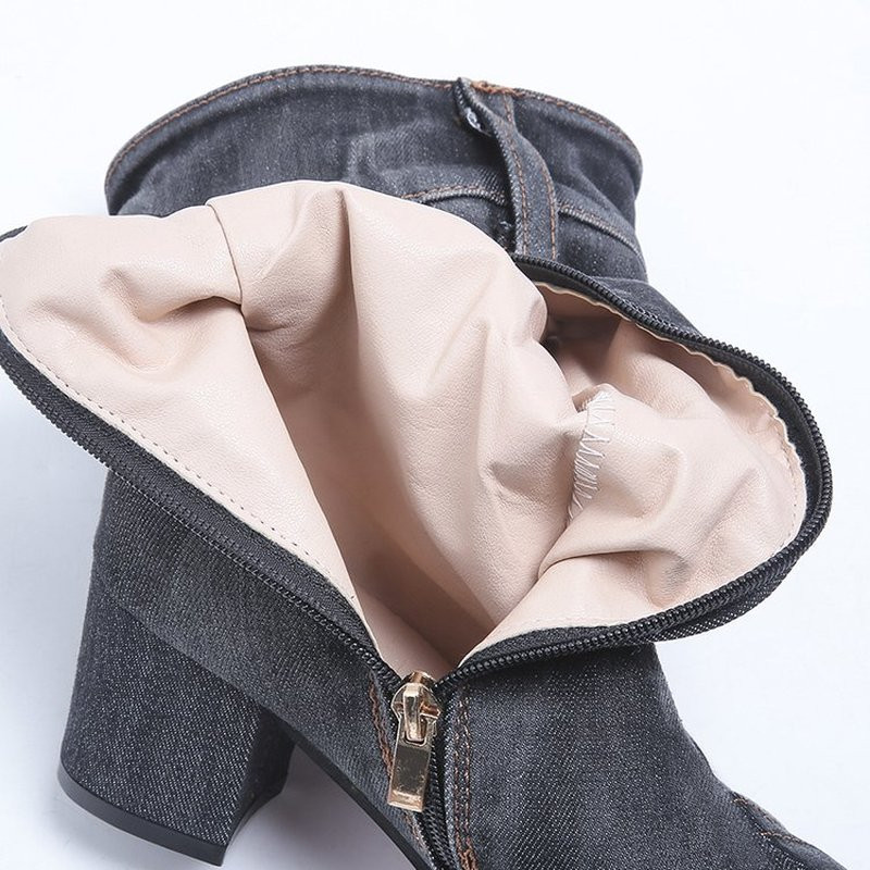 2020 Γυναικείες χοντρές μπότες τζιν με χοντρές γόβες μπλοκ ψηλοτάκουνες μπότες χειμερινής μόδας Cowboy Western Boots παπούτσι με χοντρό τακούνι