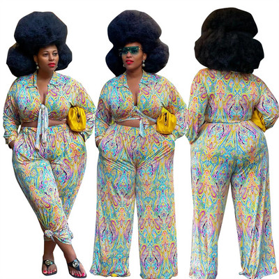 Set de pantaloni cu două piese de îmbrăcăminte de dimensiuni mari, îmbrăcăminte de stradă geometrică, cămașă cu mânecă lungă, crop top, ținute sexy, dropshipping cu ridicata