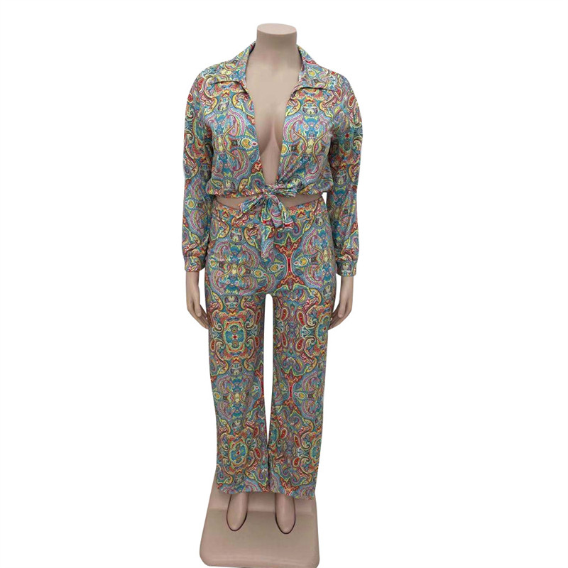 Ρούχα μεγάλου μεγέθους σετ παντελονιών δύο τεμαχίων Γεωμετρικά streetwear Φθινοπωρινά μακρυμάνικα Crop πουκάμισο σέξι ρούχα Χονδρική Dropshipping