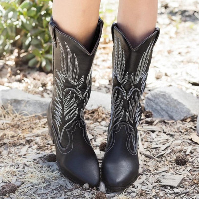 2021 Cizme de cowboy occidentale brodate clasice pentru femei Cizme de cowgirl din piele Pantofi cu toc joasă Cizme de femeie până la genunchi