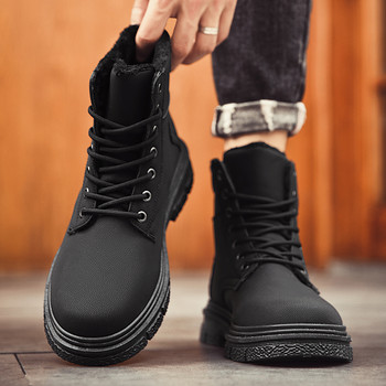 Къси мъжки ботуши Мъжки обувки Плюс кадифени топли памучни обувки Нехлъзгащи се външни ботуши Мъжки ежедневни обувки на платформа Черни ботуши за сняг