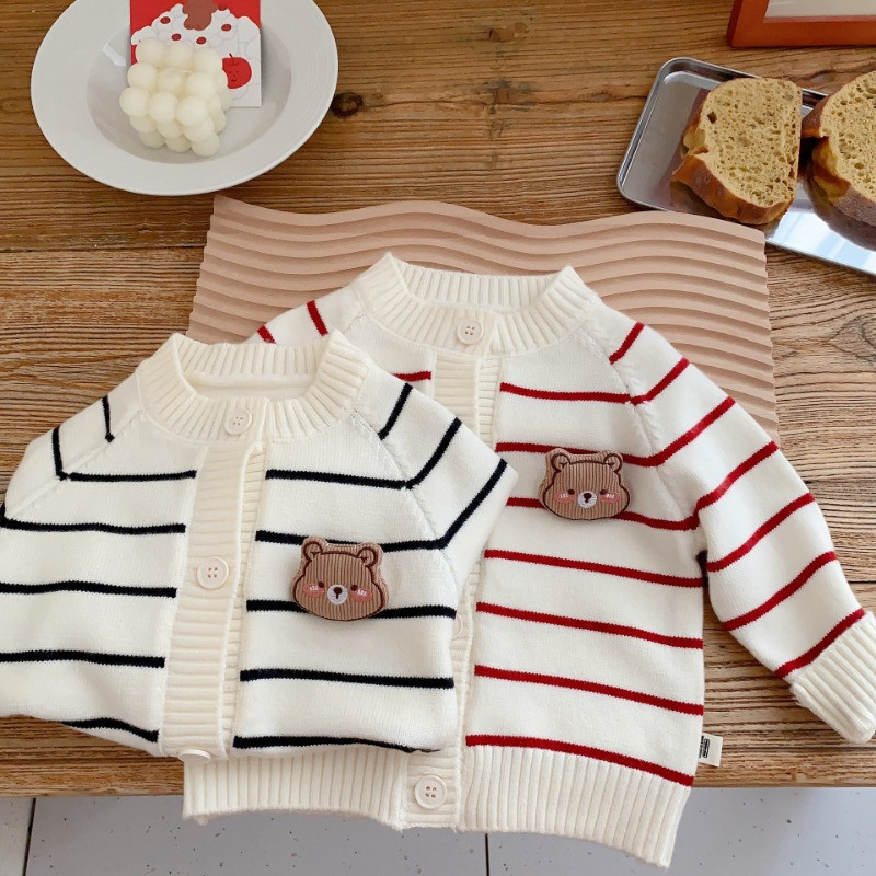 2023 Toamnă Copii pulover în dungi desene animate urs Etichetă băieți tricot cardigan fete tricotaj casual paltoane