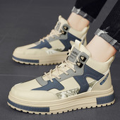 Cizme pentru bărbați cu talpă groasă Pantofi pentru bărbați Toamnă și iarnă PU Cizme mijlocii pentru exterior Ghete cu șireturi anti-alunecare pentru bărbați, la jumătatea gambei