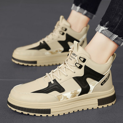 Cizme pentru bărbați cu talpă groasă Pantofi pentru bărbați Toamnă și iarnă PU Cizme mijlocii pentru exterior Ghete cu șireturi anti-alunecare pentru bărbați, la jumătatea gambei