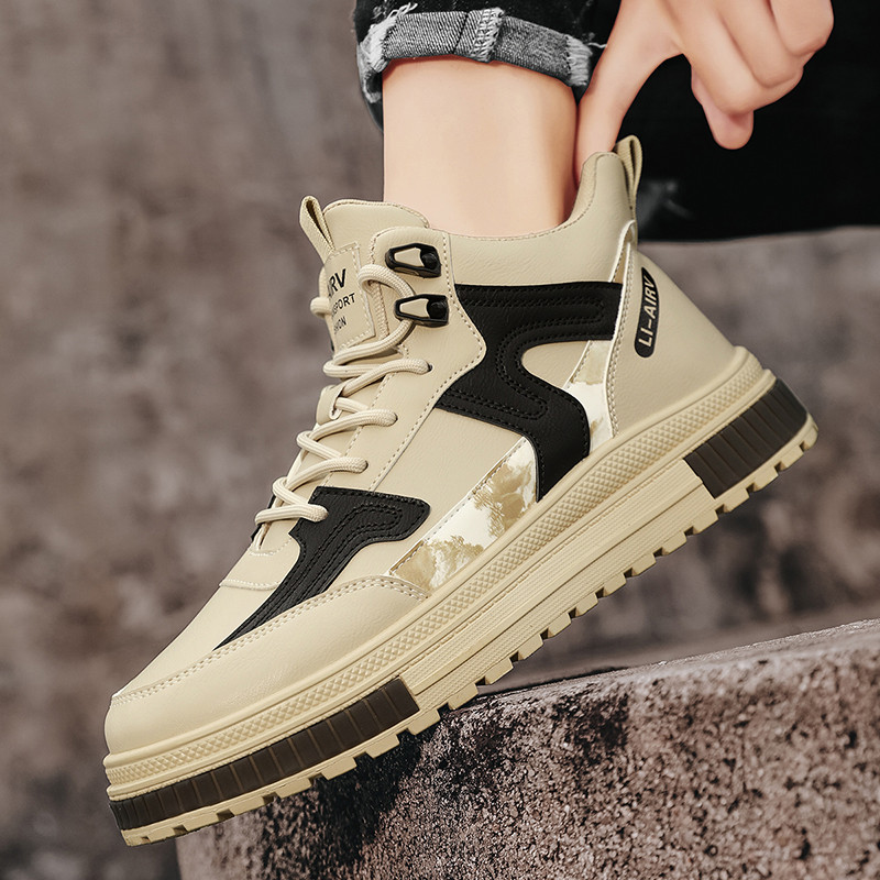 Cizme pentru bărbați cu talpă groasă Pantofi pentru bărbați Toamnă și iarnă PU Cizme mijlocii pentru exterior Ghete cu șireturi anti-alunecare pentru bărbați, la jumătatea gambei