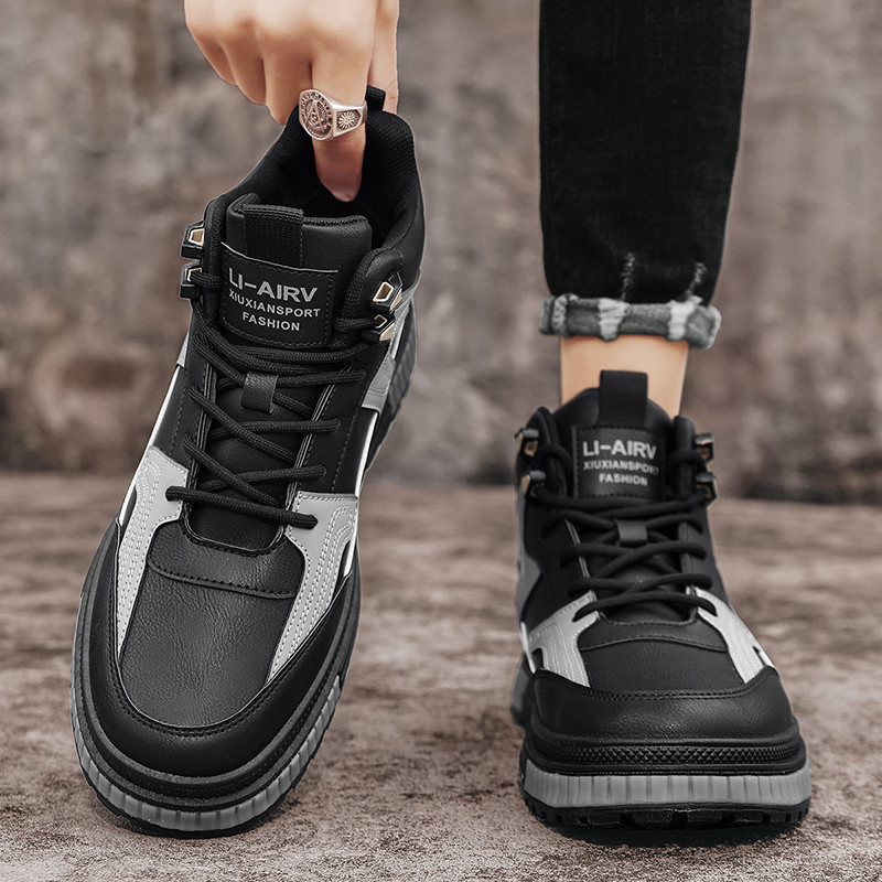 Cizme pentru bărbați cu talpă groasă Pantofi pentru bărbați Toamnă și iarnă PU Cizme mijlocii pentru exterior Ghete cu șireturi anti-alunecare pentru bărbați, la jumătatea gambei