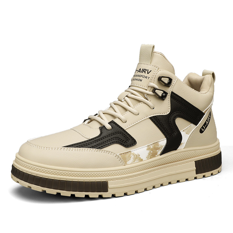 Cizme pentru bărbați cu talpă groasă Pantofi pentru bărbați Toamnă și iarnă PU Cizme mijlocii pentru exterior Ghete cu șireturi anti-alunecare pentru bărbați, la jumătatea gambei