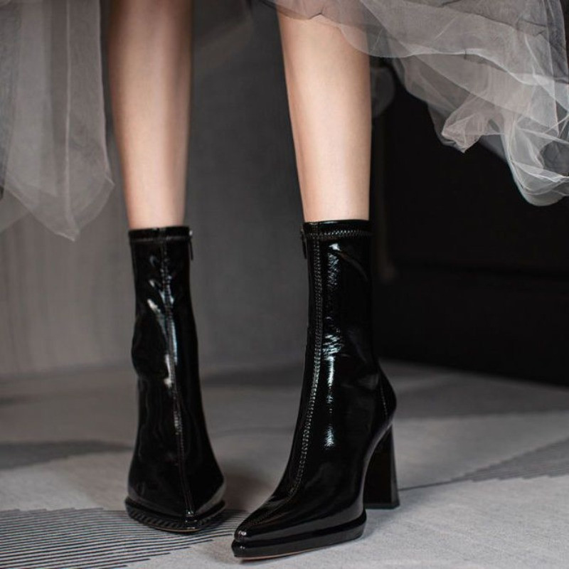 Γυναικείες μπότες Ψηλοτάκουνα Ημί Παπούτσια Λευκά Μυτερά Ελαστικά Παπούτσια για Γυναικεία Μεσαία Γυναικεία Κομψό Τακούνι 2023 New Spring Pu Y2k