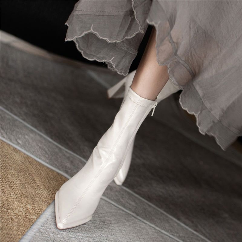 Γυναικείες μπότες Ψηλοτάκουνα Ημί Παπούτσια Λευκά Μυτερά Ελαστικά Παπούτσια για Γυναικεία Μεσαία Γυναικεία Κομψό Τακούνι 2023 New Spring Pu Y2k