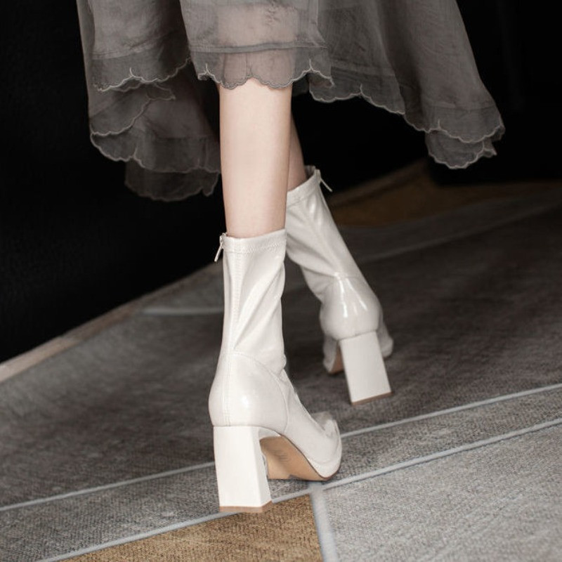 Γυναικείες μπότες Ψηλοτάκουνα Ημί Παπούτσια Λευκά Μυτερά Ελαστικά Παπούτσια για Γυναικεία Μεσαία Γυναικεία Κομψό Τακούνι 2023 New Spring Pu Y2k