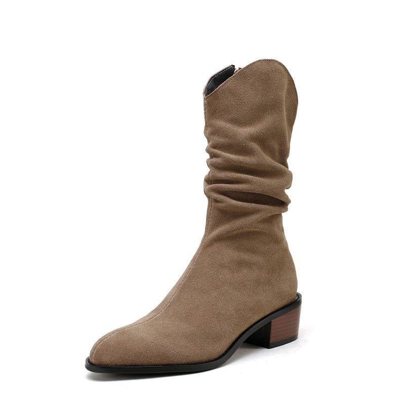Κλασικά παπούτσια Γυναικεία μόδα 2022 Γυναικείες μπότες στο πλάι με φερμουάρ στο μεσαίο και μικρό πόδι Μπότες με μυτερή πλισέ χοντρά τακούνι τετράγωνο τακούνι