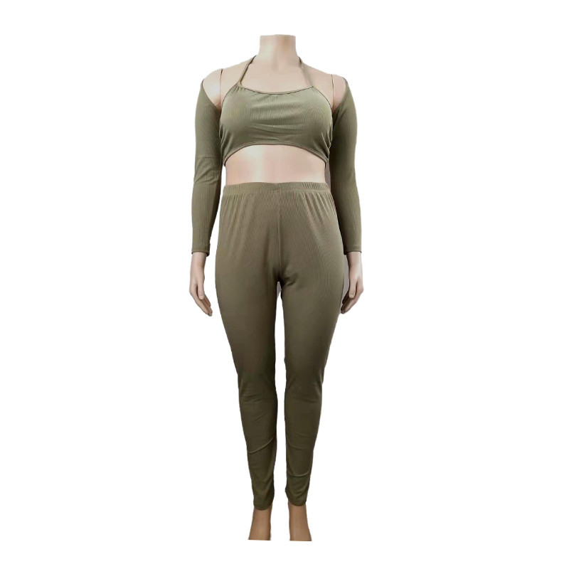 Σέξι ρούχα για γυναικεία νυχτερινά κλαμπ Πράσινα ρούχα μακρυμάνικο γιλέκο και παντελόνι σε συντομογραφία κοστούμι 3 τεμαχίων Dropshipping χονδρική