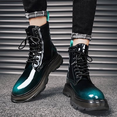 Cizme pentru bărbați cu platformă 2023 Pantofi pentru bărbați Cizme de iarnă pentru bărbați Cizme de motocicletă lucioase cu gradient pentru bărbați Pantofi de mers în stil britanic