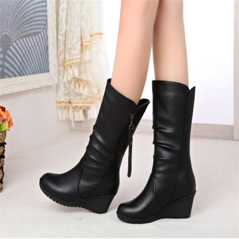 Χειμερινές ζεστές γούνινες μπότες Γυναικείες μπότες Ψηλοτάκουνα Γυναικεία παπούτσια με φερμουάρ στο πλάι Μαύρα γυναικεία παπούτσια Παπούτσια Wedge μπότες Γυναικεία παπούτσια