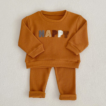 0-5 години Бебе, момче, момиче, комплект дрехи, вафлен детски комплект с букви, новородено, есенно-пролетно облекло, горнища с дъга, панталони, ежедневно облекло