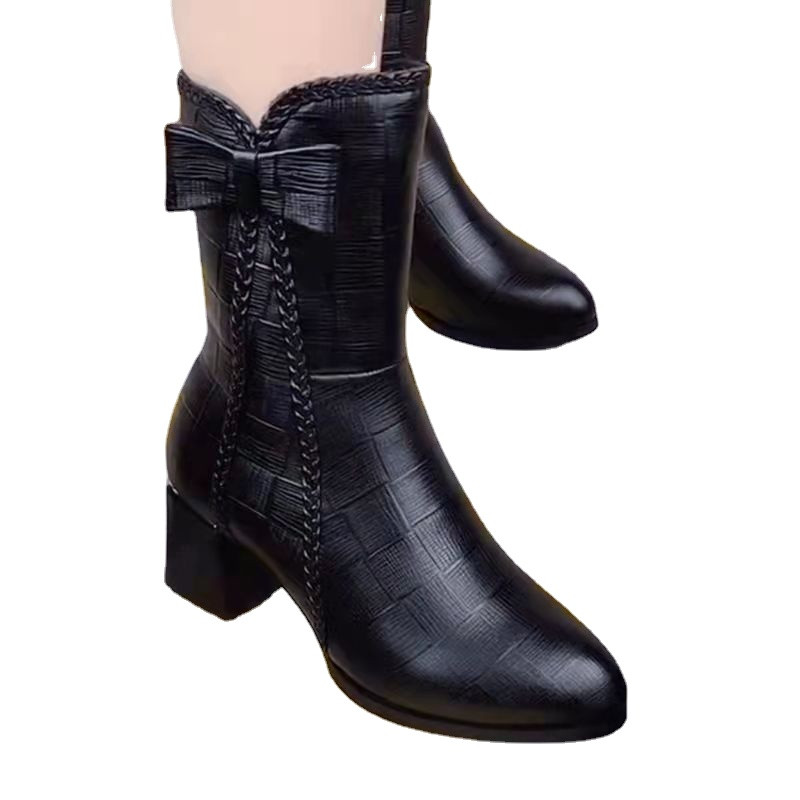 Sügisesed naistejalatsid Moodsad Bowknot paksu kontsaga platvormiga poolsaapad naistele suures suuruses naiste saapad sääre keskpaigani Zapatos De Mujer