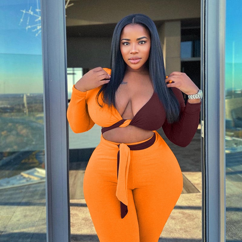 Woman Plus Size 2 Set Set μακρυμάνικο Crop Top και παντελόνι κολάν Σέξι ρούχα Μεγάλη αθλητική φόρμα 4xl Είδη χονδρικής Dropshipping