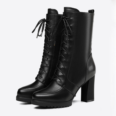 Rimocy Ζεστές κοντές βελούδινες χειμερινές μπότες για γυναίκες 2022 Ψηλοτάκουνα Pu Δερμάτινες μπότες μέσης γάμπας Γυναικεία πλατφόρμα μοτοσικλέτας Botas παπούτσια