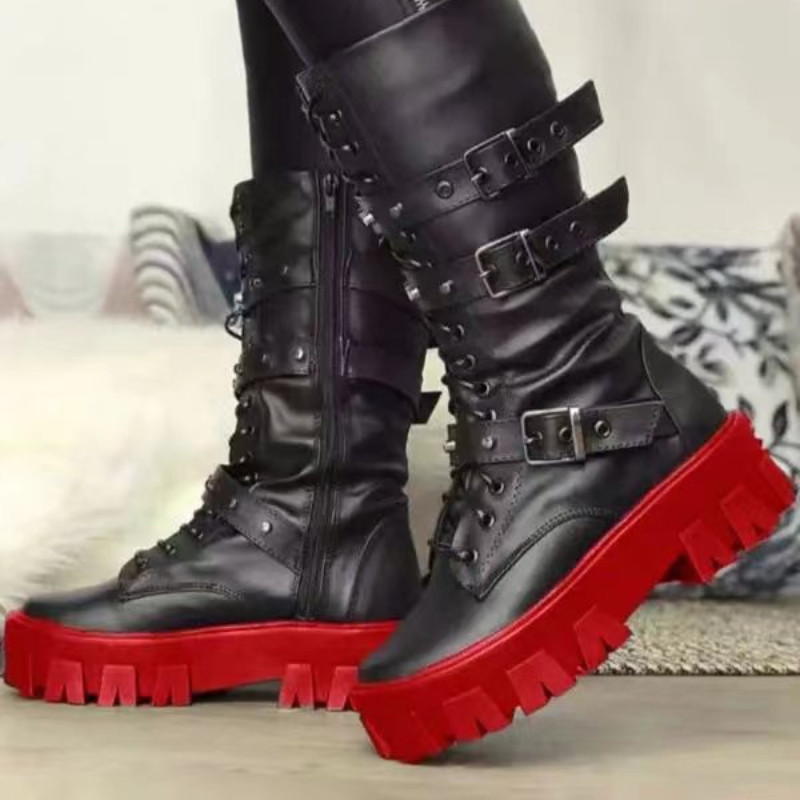 Moodsad mustvalged gooti platvormiga pandlakett Punk Rivet Combat mootorrattasaapad 2022 kevade ja sügise naiste kingad