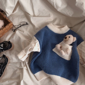 Παιδικό χειμωνιάτικο πουλόβερ μωρό με αντίθεση χρώματος Fleece Πουκάμισο με στρογγυλό λαιμό για αγόρια και κορίτσια για δωρεάν κούκλα