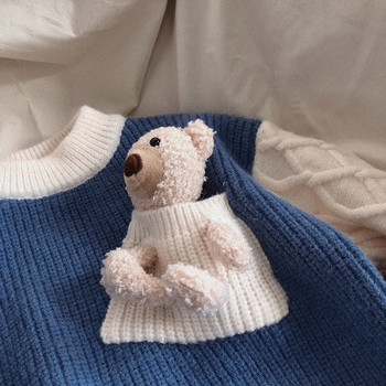 Детски зимен удебелен пуловер Бебешки пуловер с полар в контрастен цвят Момчета и момичета Тениска с кръгло деколте за безплатни кукли