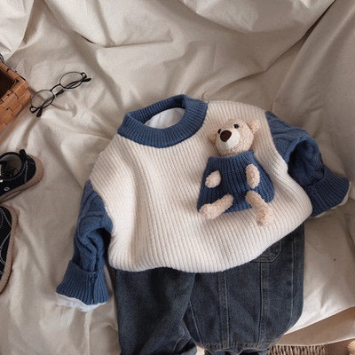 Pulover îngroșat de iarnă pentru copii Pulover din lână de culoare contrastantă pentru copii și fete Cămașă cu fundul gâtului rotund pentru păpușă gratuită