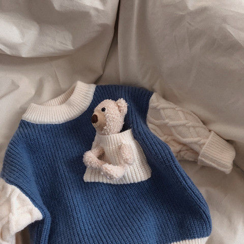 Pulover îngroșat de iarnă pentru copii Pulover din lână de culoare contrastantă pentru copii și fete Cămașă cu fundul gâtului rotund pentru păpușă gratuită