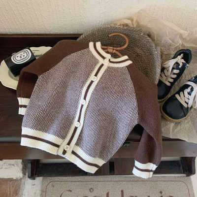 Korea stiilis laste kampsun vintage kontrastset värvi pikkade varrukatega tüdrukutele kardigan mood poistele avar kootud mantel