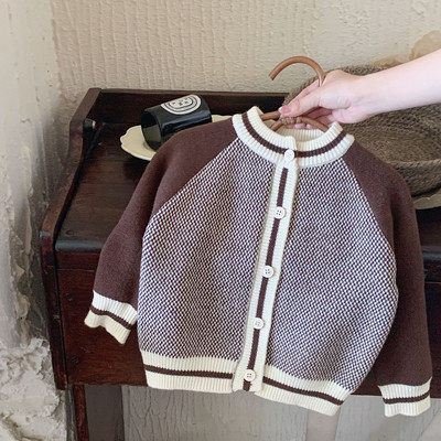 Korea stiilis laste kampsun vintage kontrastset värvi pikkade varrukatega tüdrukutele kardigan mood poistele avar kootud mantel