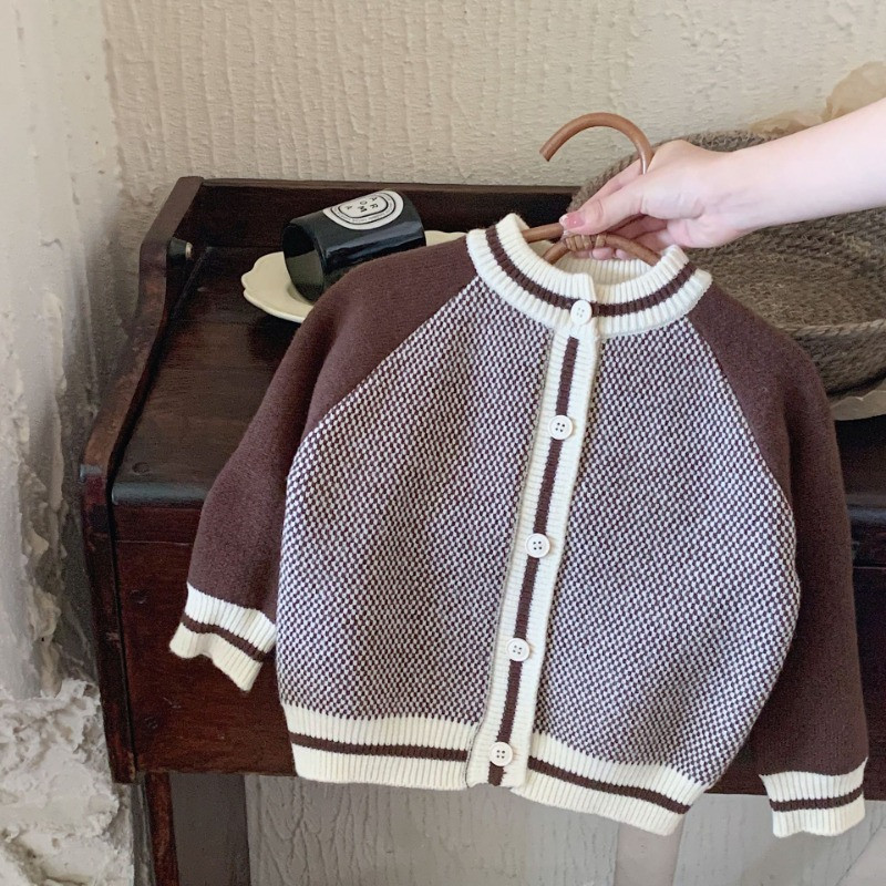 Korea stiilis laste kampsun vintage kontrastset värvi pikkade varrukatega tüdrukutele kardigan mood poistele avar kootud mantel