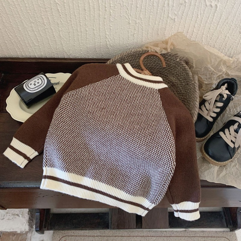 Korea stiilis laste kampsun vintage kontrastset värvi pikkade varrukatega tüdrukutele kardigan mood poistele avar kootud mantel