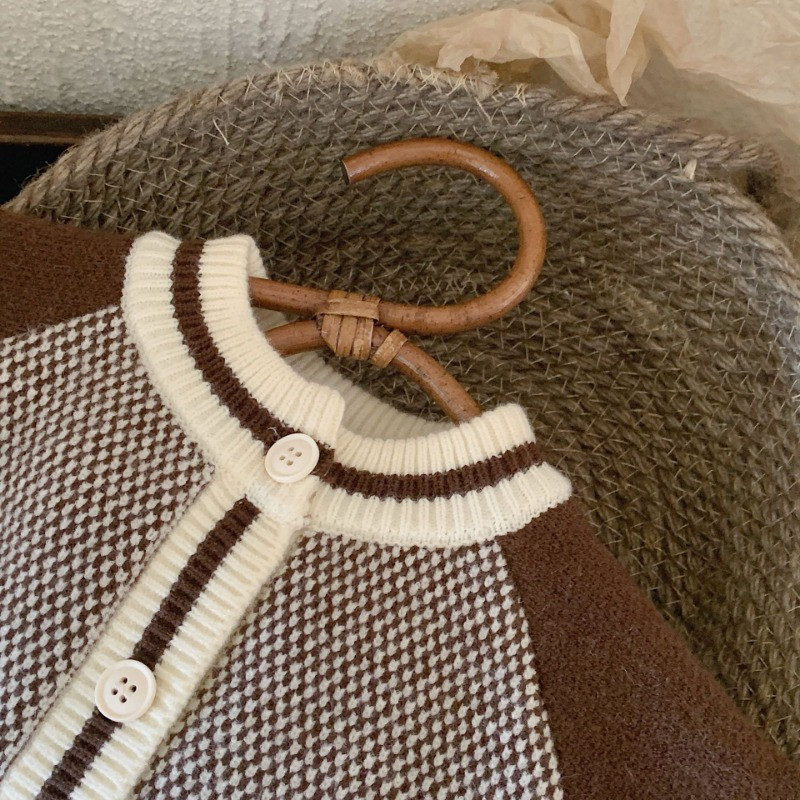 Korea stiilis laste kampsun vintage kontrastset värvi pikkade varrukatega tüdrukutele kardigan mood poistele avar kootud mantel