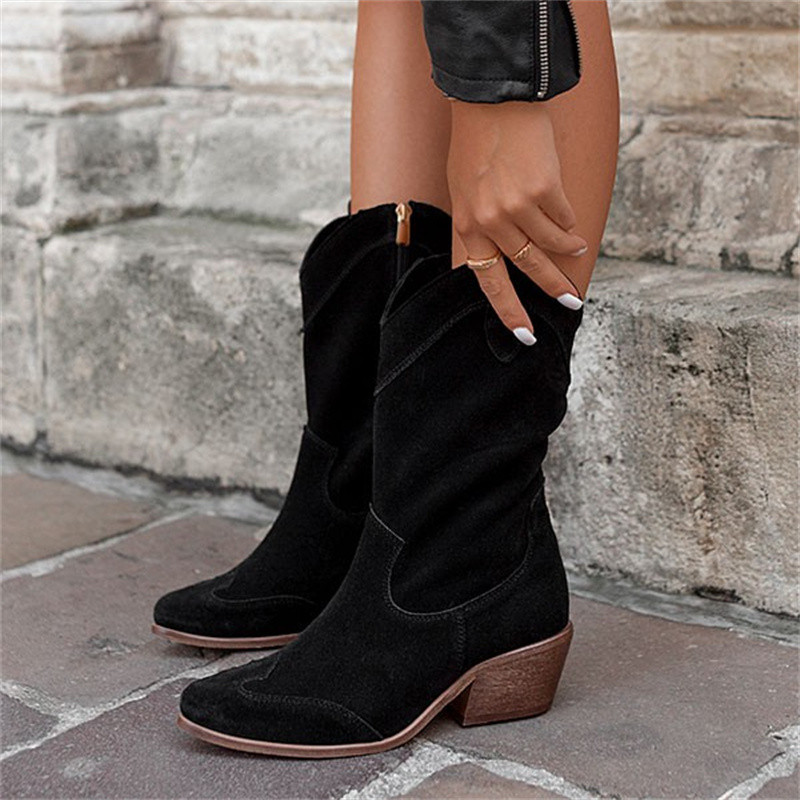 Νέες χειμερινές γυναικείες μπότες Φθινοπωρινές σε συν μέγεθος χαμηλού κοψίματος γυναικείες μπότες Western Mid-Caf Ethnic Γυναικείες μπότες με μεσαίο τακούνι Μόδα μύτη μύτη