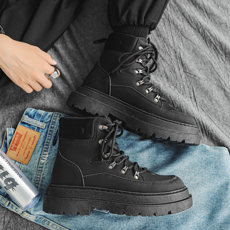 Cizme cu platformă cu șireturi, de primăvară și toamnă, pantofi pentru bărbați, cizme pentru bărbați înalte, în stil britanic, cizme confortabile negre, ocazionale, pantofi noi