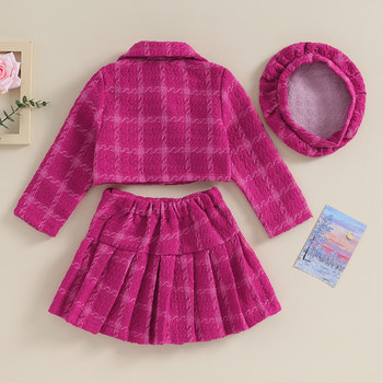 Παιδικά κορίτσια 3-7Y Φθινοπωρινά χειμερινά ρούχα Βρεφικό μακρυμάνικο μπλέιζερ παλτό + καρό πλισέ φούστα + μπερέ σετ Παιδικά ρούχα μόδας