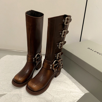 Pantofi Femei 2023 Cizme de damă de înaltă calitate Toamnă Nou Retro Maro Cataramă de curea Cizme înalte cu cap rotund Pantofi gotici la tendință elegantă