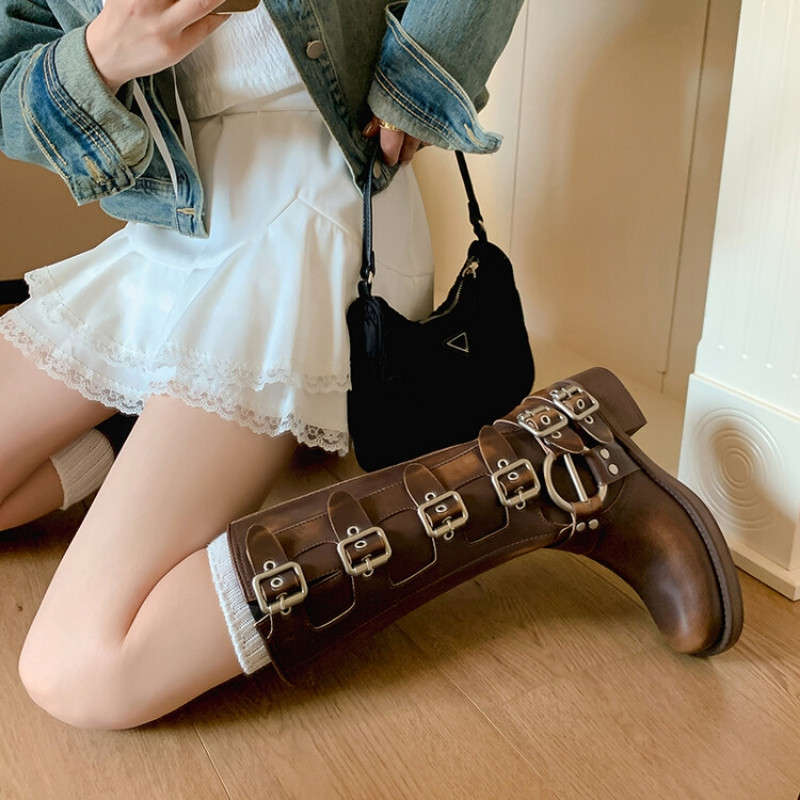 Pantofi Femei 2023 Cizme de damă de înaltă calitate Toamnă Nou Retro Maro Cataramă de curea Cizme înalte cu cap rotund Pantofi gotici la tendință elegantă