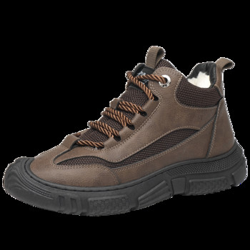 Ανδρικές μπότες εξωτερικού χώρου Χειμώνας 2023 Splicing Ζεστά, βελούδινα, στρογγυλά παπούτσια στον αστράγαλο, αντιολισθητικά μονόχρωμα παπούτσια για άντρες Μπότες εργασίας με κορδόνια