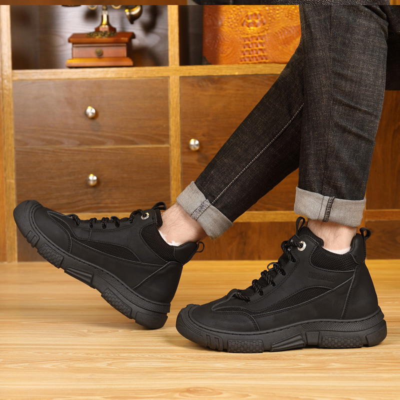 Ανδρικές μπότες εξωτερικού χώρου Χειμώνας 2023 Splicing Ζεστά, βελούδινα, στρογγυλά παπούτσια στον αστράγαλο, αντιολισθητικά μονόχρωμα παπούτσια για άντρες Μπότες εργασίας με κορδόνια