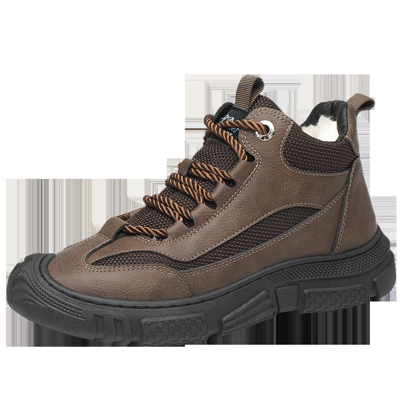 Ανδρικές μπότες εξωτερικού χώρου Χειμώνας 2023 Splicing Ζεστά, βελούδινα, στρογγυλά παπούτσια στον αστράγαλο, αντιολισθητικά μονόχρωμα παπούτσια για άντρες Μπότες εργασίας με κορδόνια